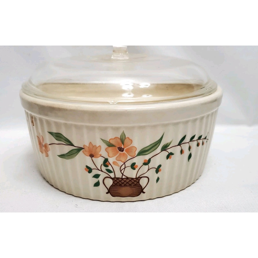 Vintage Countryside Stoneware Casserole‎ Dish W/Glass Lid Japan Floral Oven Safe